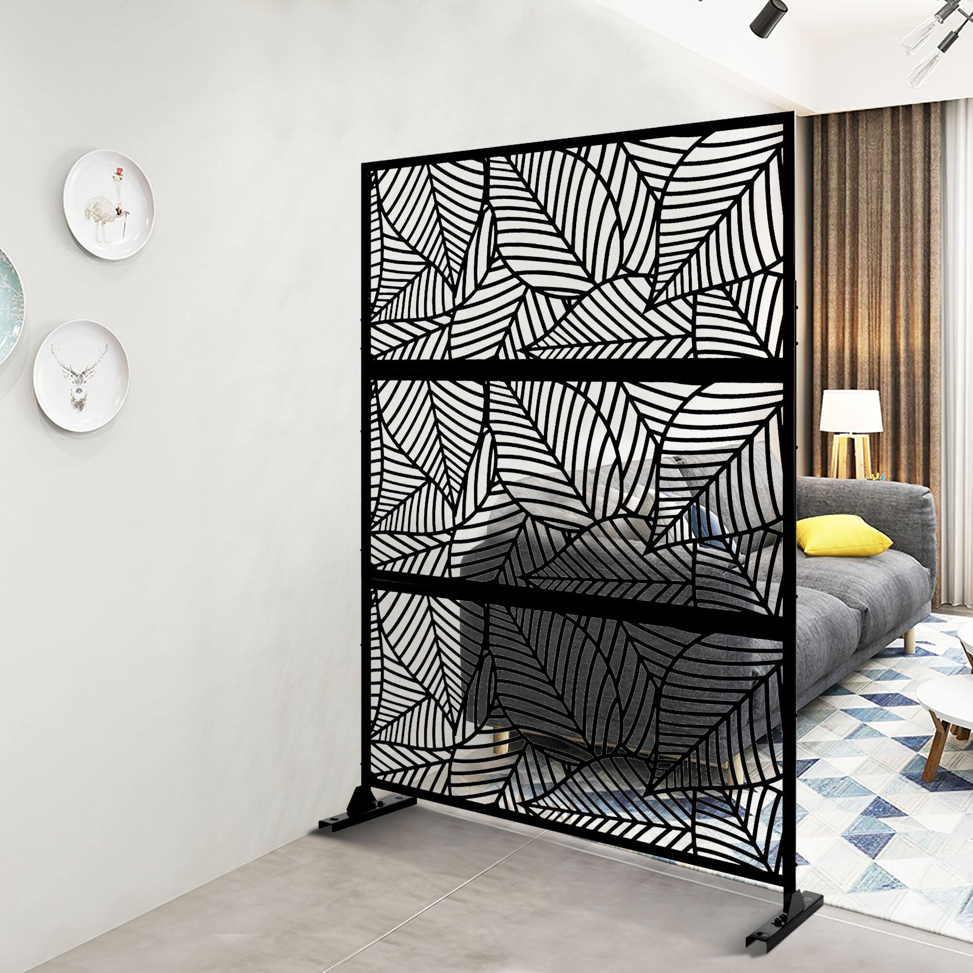 Alt View 1. PexFix - 72 in. x 47 in. Leaf Pattern Metal Outdoor Privacy Screen & Panels, Freestanding Garden Divider Fence - Black.