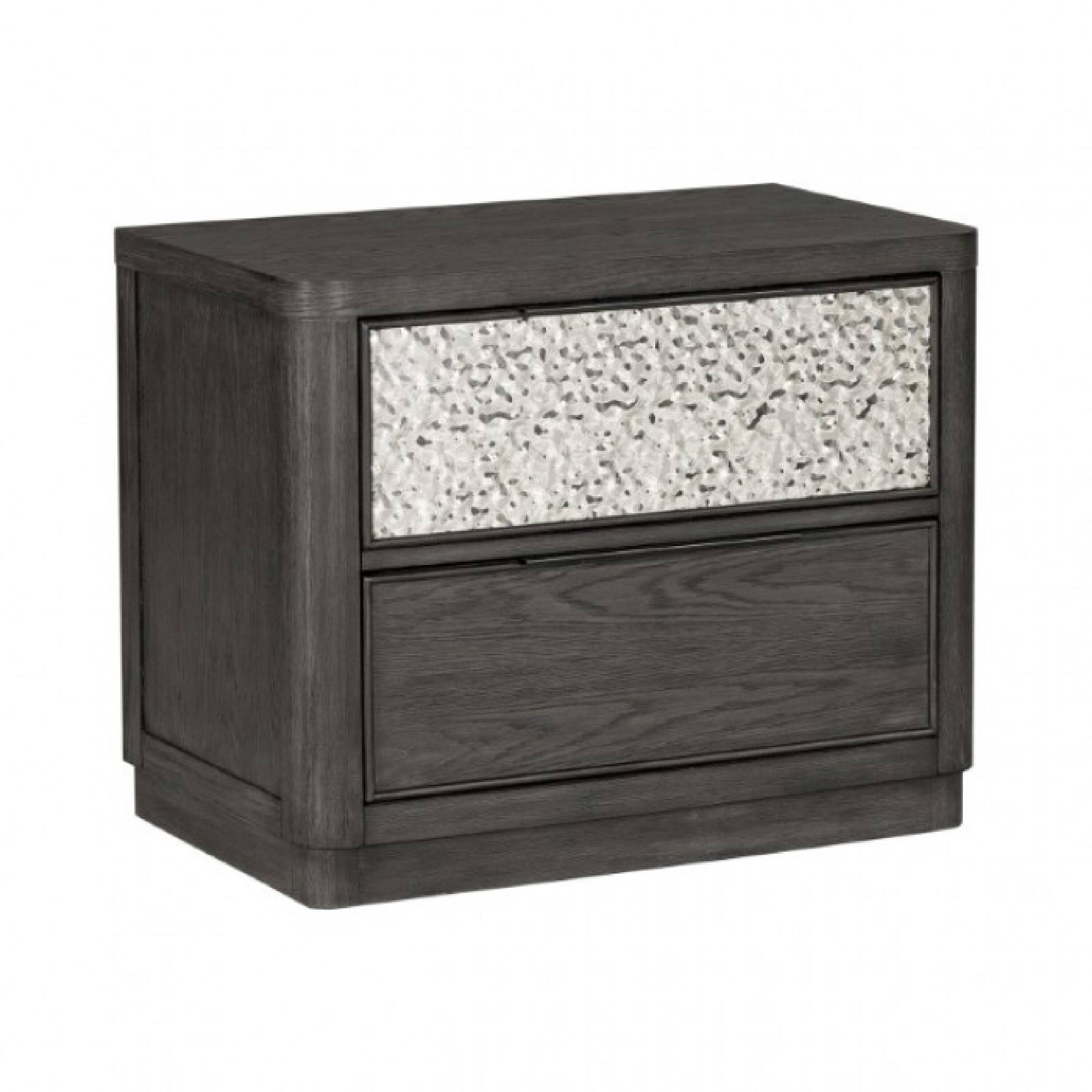 Front. Manhattan Lane - Zoko Nightstand, 2 Drawers, USB Ports, Metal Accents - Ash Gray, Chrome.