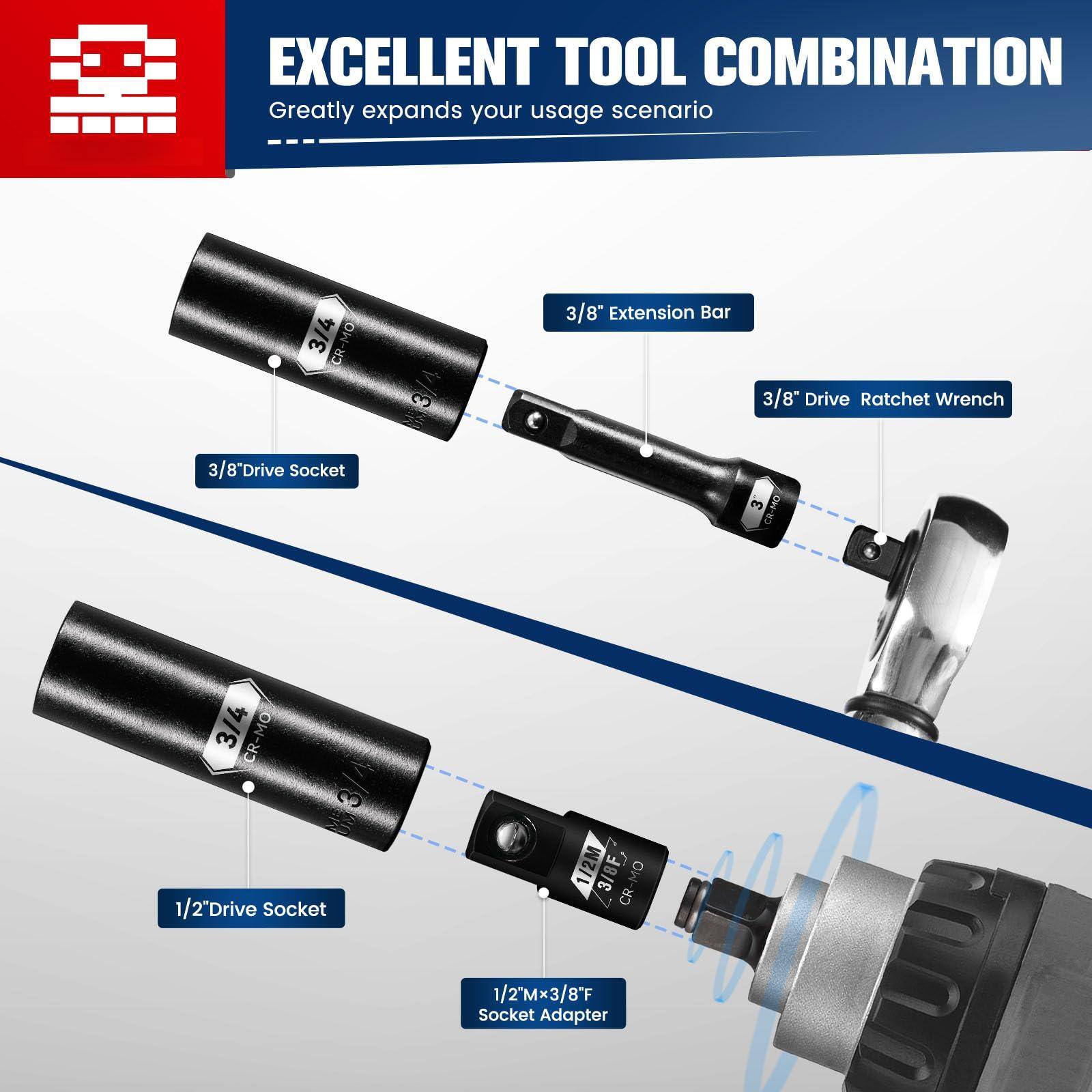 EXCELLENT TOOL COMBINATION  
Greatly expands your usage scenario  

- 3/8" Extension Bar  
- 3/8" Drive Ratchet Wrench  
- 3/8" Drive Socket  
- 1/2" Drive Socket  
- 1/2"M x 3/8"F Socket Adapter