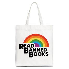 OrnamentallyYou - Read Banned Books Rainbow Canvas Tote Bag, Book Lover Gift Shopper - White