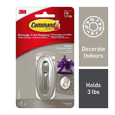 3M Command  
Damage-Free Hanging  
Holds Strongly - Removes Cleanly  
Para colgar sin dañar  
No deja rastros  
Medium Traditional Hook  
Gancha Decorativa  
Decorate Indoors  
Holds 3 lbs  
1.3 kg  
17051EN-ES