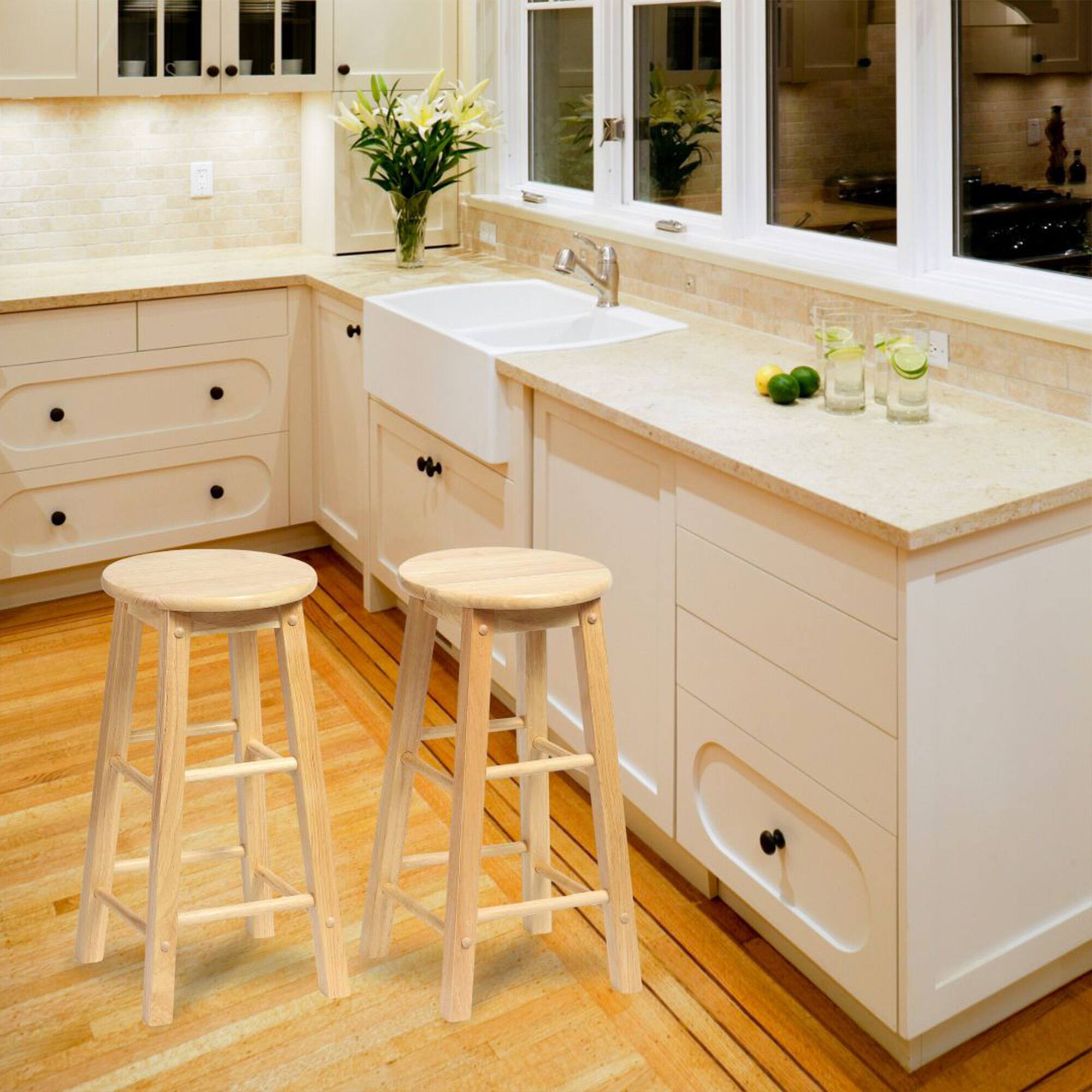 Alt View 4. PJ Wood - PJ Wood Classic Round-Seat 24" Tall Kitchen Counter Stools, Natural, Set of 2 - Natural.