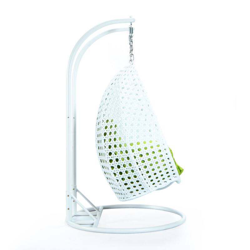Alt View 1. LeisureMod - Leisuremod Modern 2-Person Outdoor Egg Swing White Wicker Chair with Stand, Plush Washable Cushions & Waterproof Cover - Light Green.