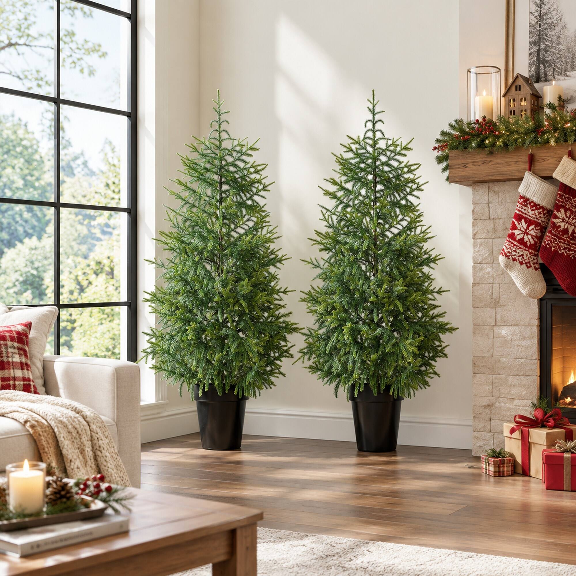 Back. RYHNUYNE - 4FT Norfolk Pine Christmas Tree Set of 2 With 133 Molded Tips and Pot Base - Green.