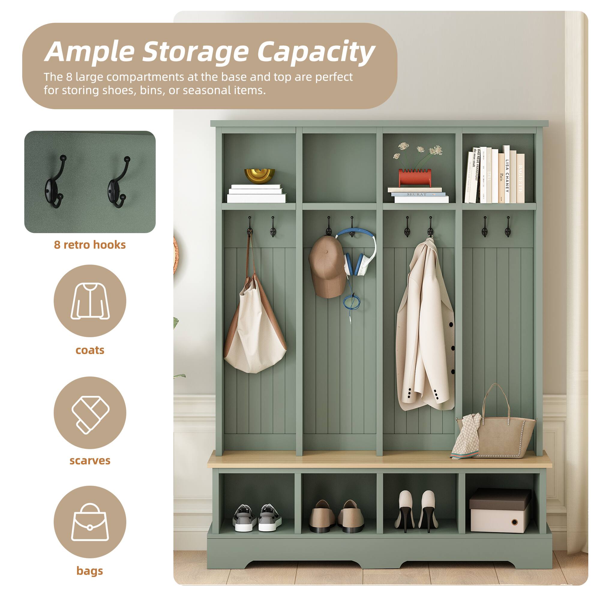 Ample Storage Capacity  
The 8 large compartments at the base and top are perfect for storing shoes, bins, or seasonal items.

8 retro hooks  
coats  
scarves  
bags