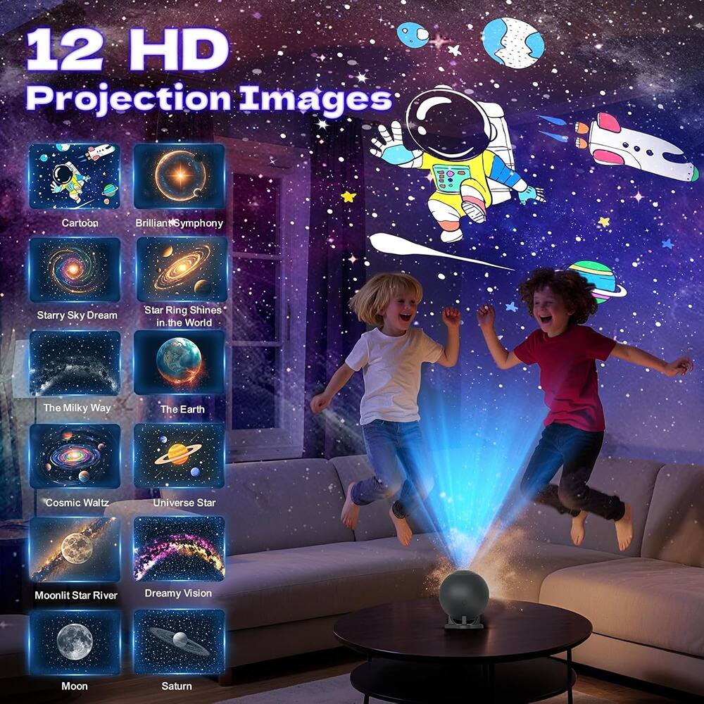 12 HD Projection Images

- Cartoon
- Brilliant Symphony
- Starry Sky Dream
- Star Ring Shines in the World
- The Milky Way
- The Earth
- Cosmic Waltz
- Universe Star
- Moonlit Star River
- Dreamy Vision
- Moon
- Saturn