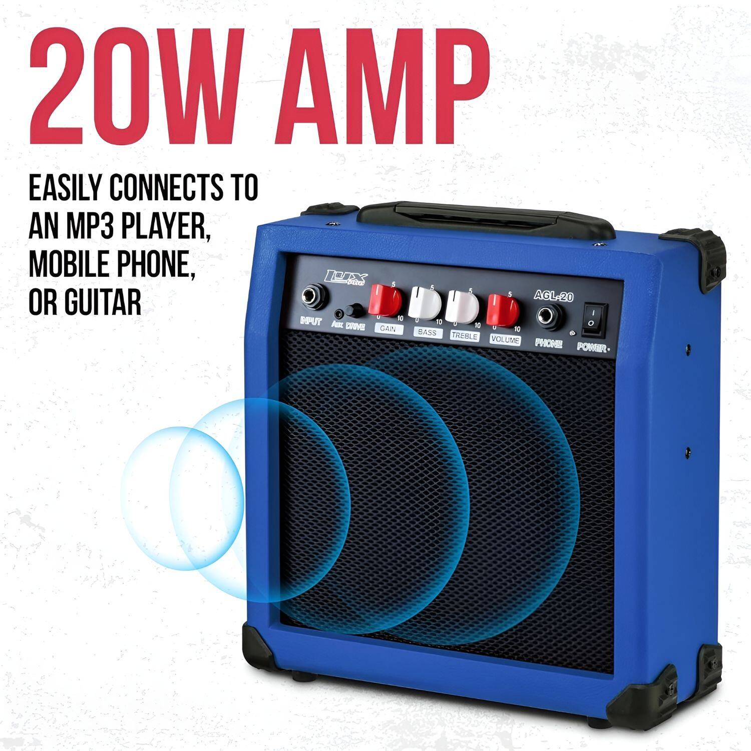 20W AMP  
EASILY CONNECTS TO AN MP3 PLAYER, MOBILE PHONE, OR GUITAR