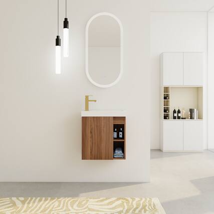 Front. ELEMENT ACE - Modern Floating Bathroom Vanity with Soft-Close Cabinet and White Resin Sink - Walnut.