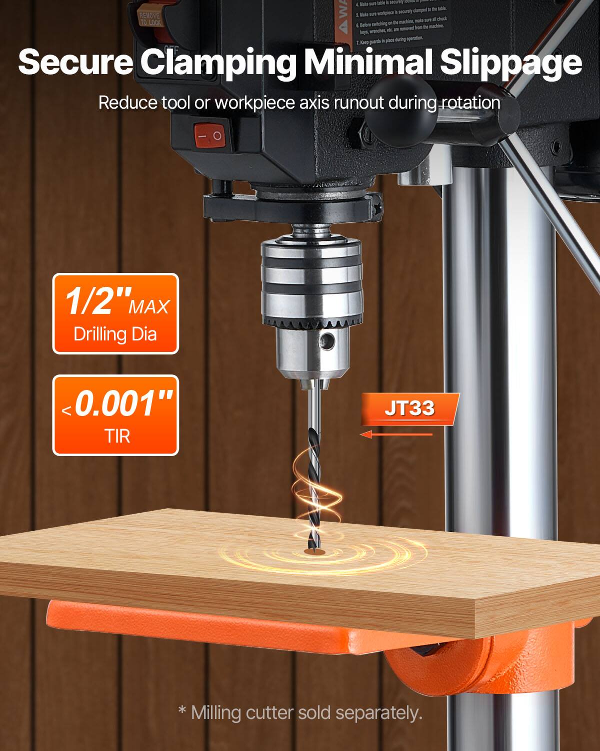 Secure Clamping Minimal Slippage  
Reduce tool or workpiece axis runout during rotation  
1/2" MAX Drilling Dia  
<0.001" TIR  
JT33  
*Milling cutter sold separately.