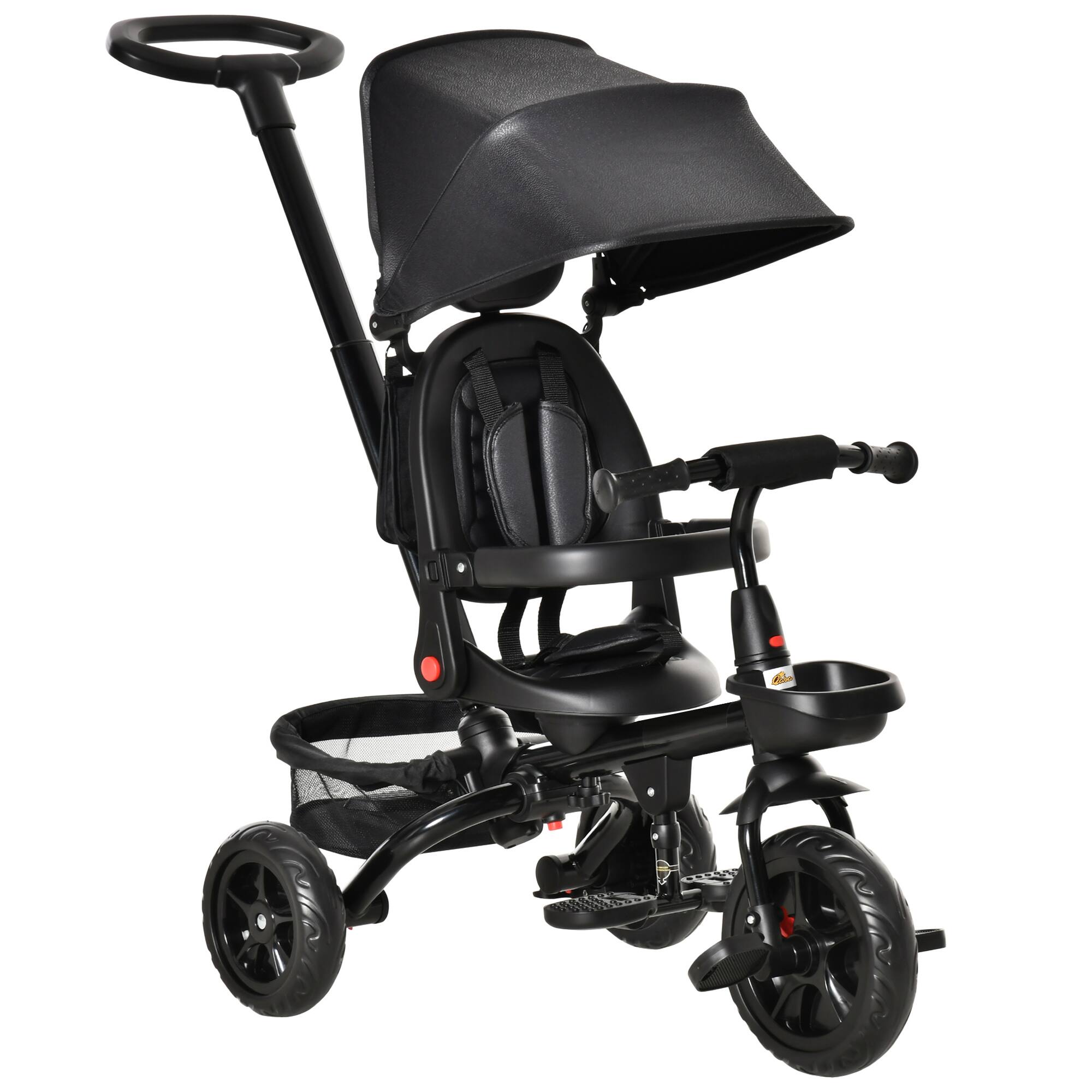 Qaba - Kids Tricycle 4 in 1 Trike, 2.8'-3.1' Height Push Handle, Canopy, Handrail, Safety Belt, Storage, Brake, 1-5 Years