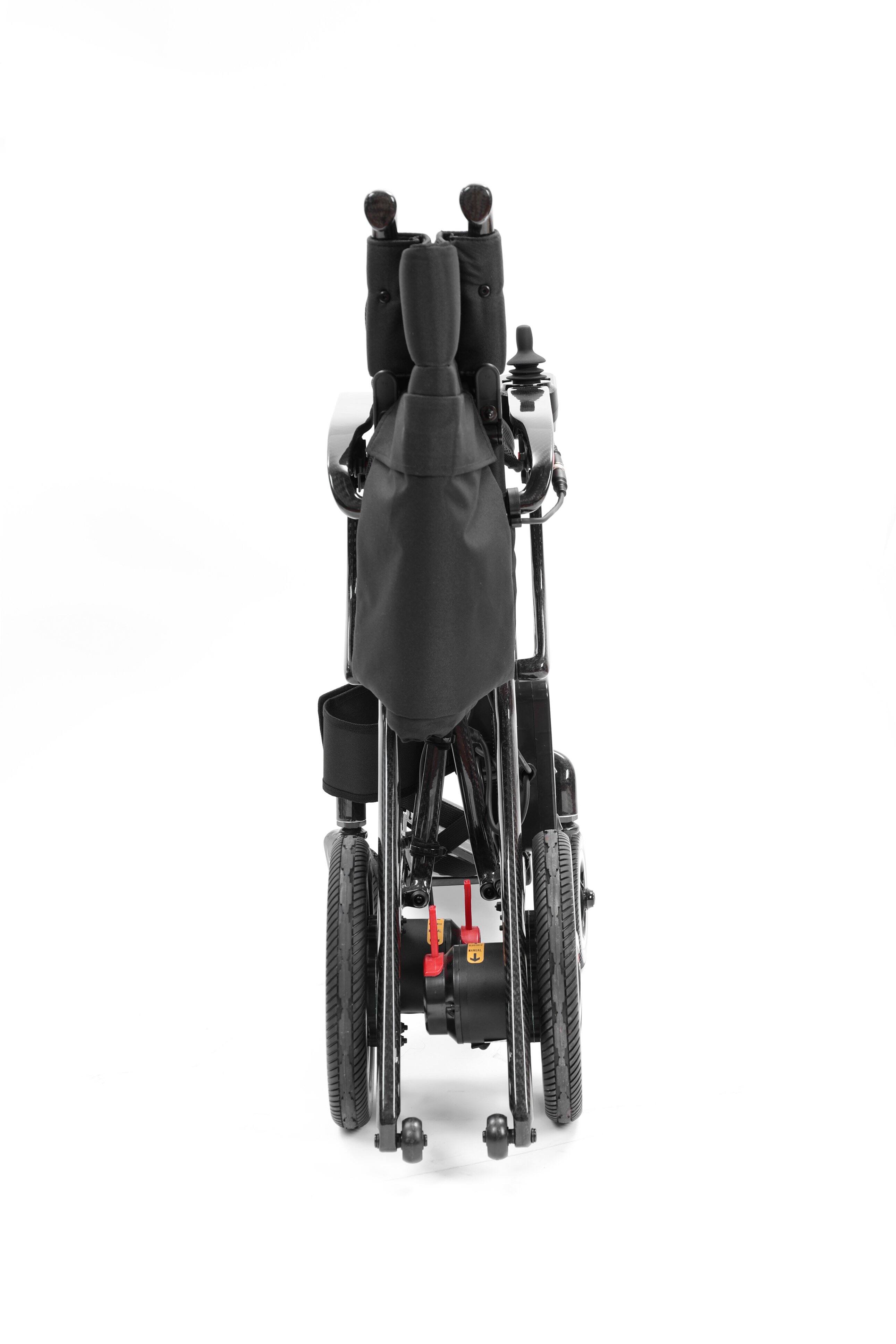 Left. COWLOWN - 37 LBS Carbon Fiber Electric Wheelchair for Adults 30 Mile Range Foldable with Dual Motors and Lithium Batteries - Black.