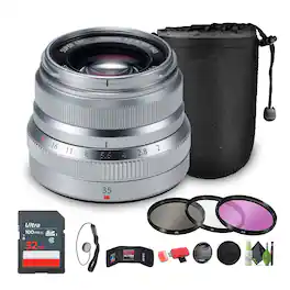 Bundle - Fujifilm - XF 35mm f/2 R WR Lens (Silver), 32GB Memory Card, - Black