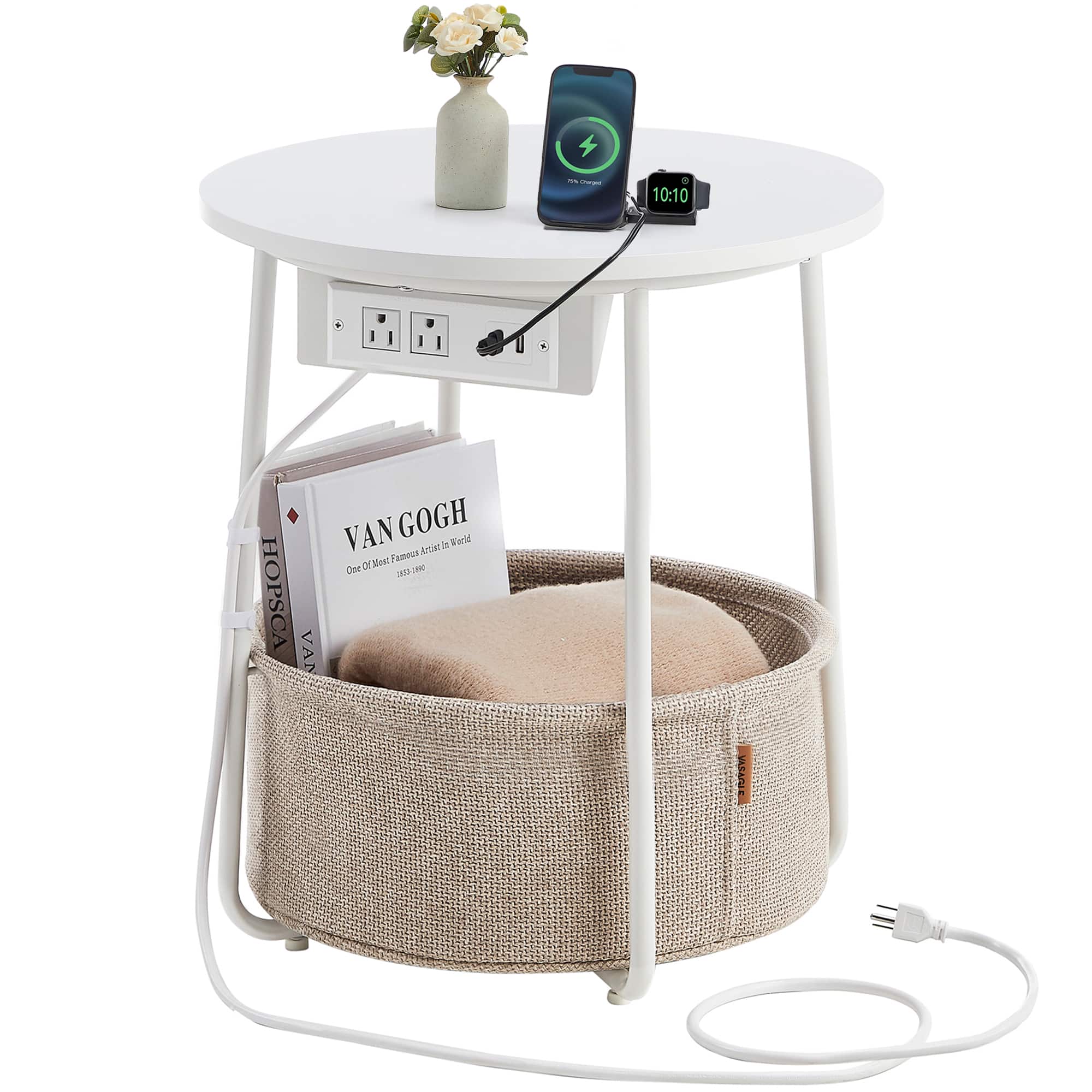 Songmics Home - LILEA Collection - Side Table with Charging Station, Round End Table with Fabric Basket, Nightstand with USB Ports - Matte White and Camel Brown