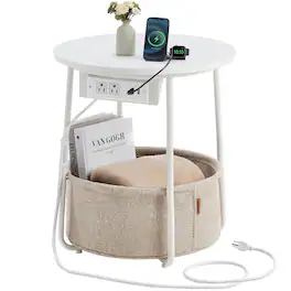 Songmics Home - LILEA Collection - Side Table with Charging Station, Round End Table with Fabric Basket, Nightstand with USB Ports - Matte White and Camel Brown