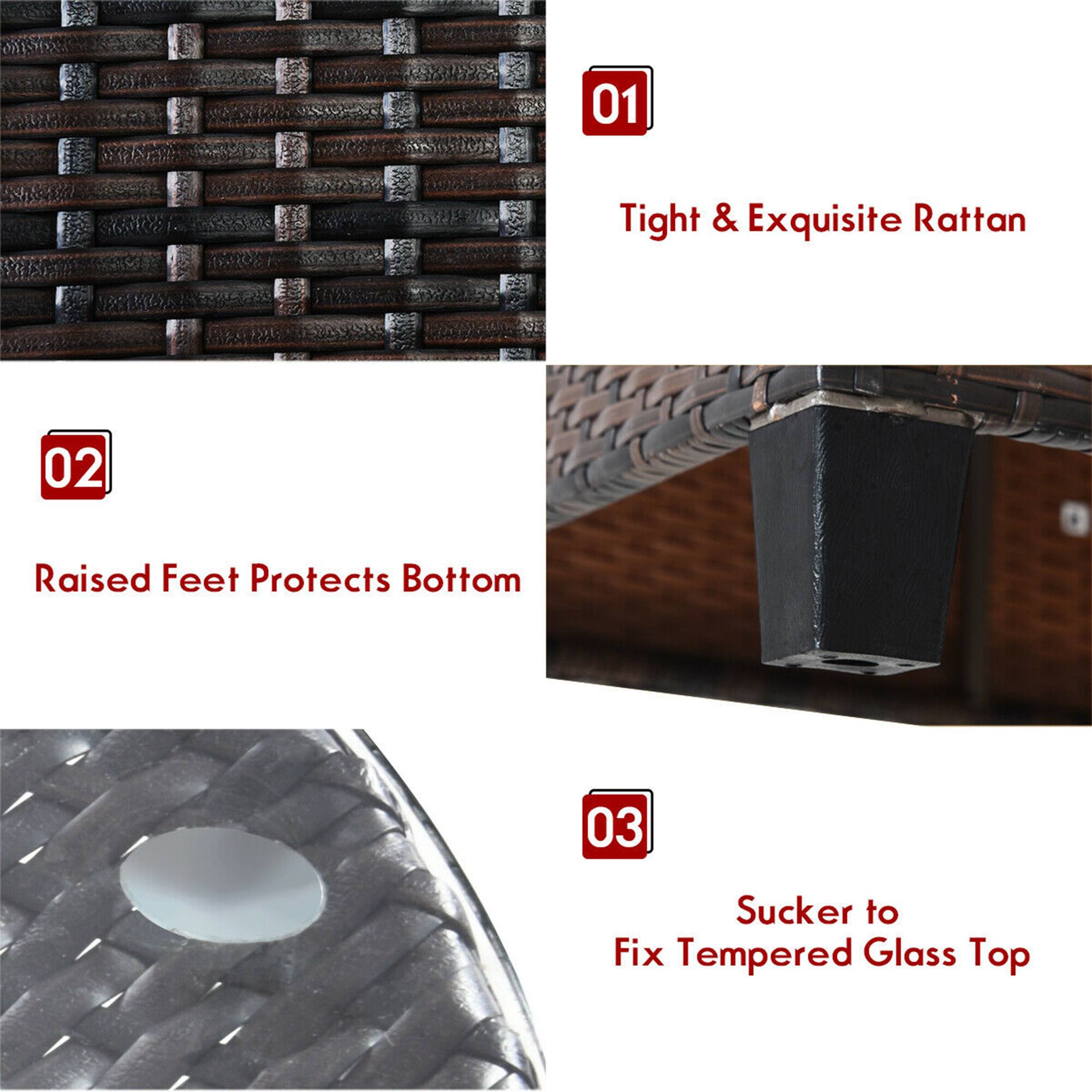 01 Tight & Exquisite Rattan  
02 Raised Feet Protects Bottom  
03 Sucker to Fix Tempered Glass Top