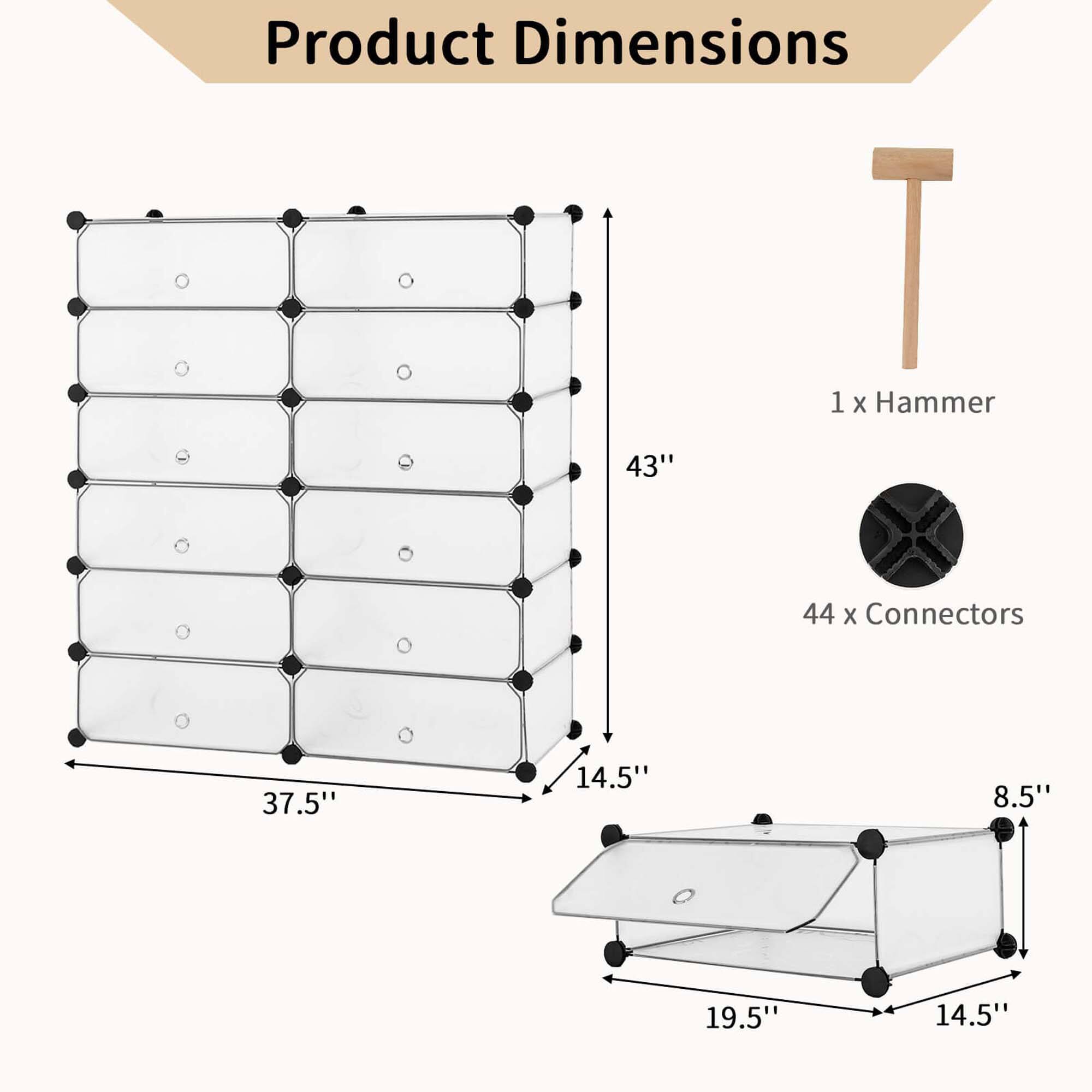 Product Dimensions: 1x Hammer (43" long), 44x Connectors (37.5" long, 14.5" wide, 8.5" tall, 19.5" tall, 14.5" wide).