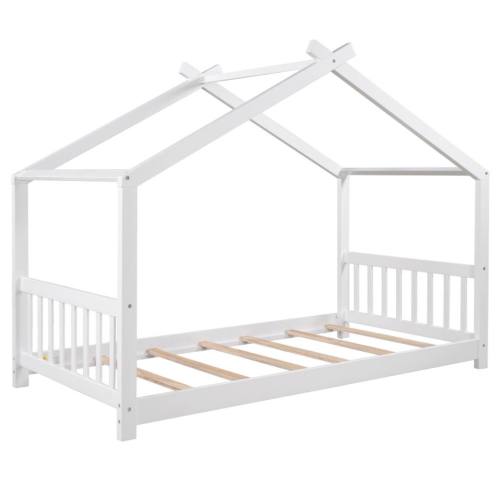 Alt View 1. Loheer - Loheer Twin House Bed White Platform Bed with Roof Design - White.