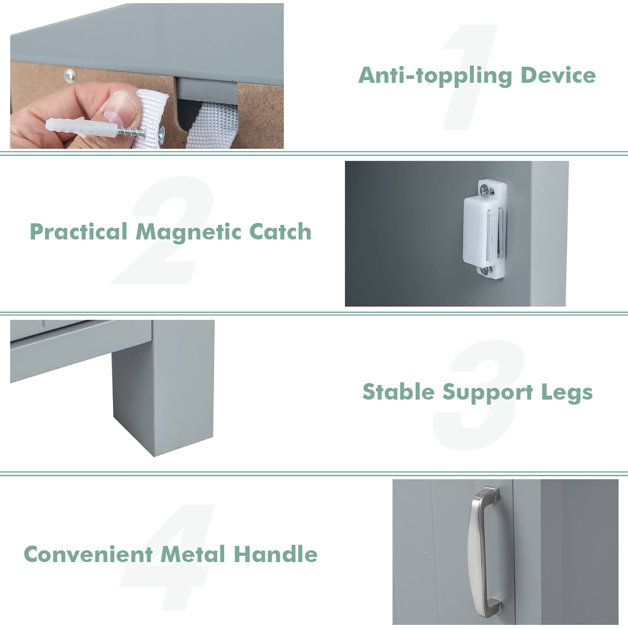 1. Anti-toppling Device  
2. Practical Magnetic Catch  
3. Stable Support Legs  
4. Convenient Metal Handle