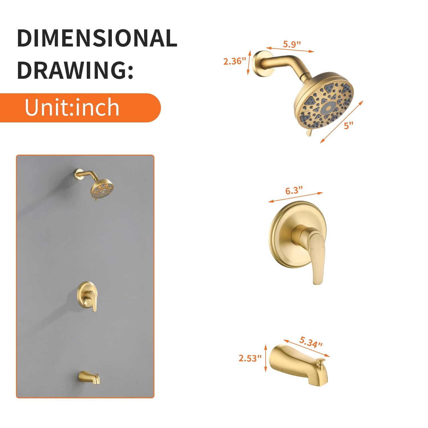 DIMENSIONAL DRAWING:  
Unit: inch  

- 2.36"  
- 5.9"  
- 5"  
- 6.3"  
- 2.53"  
- 5.34"