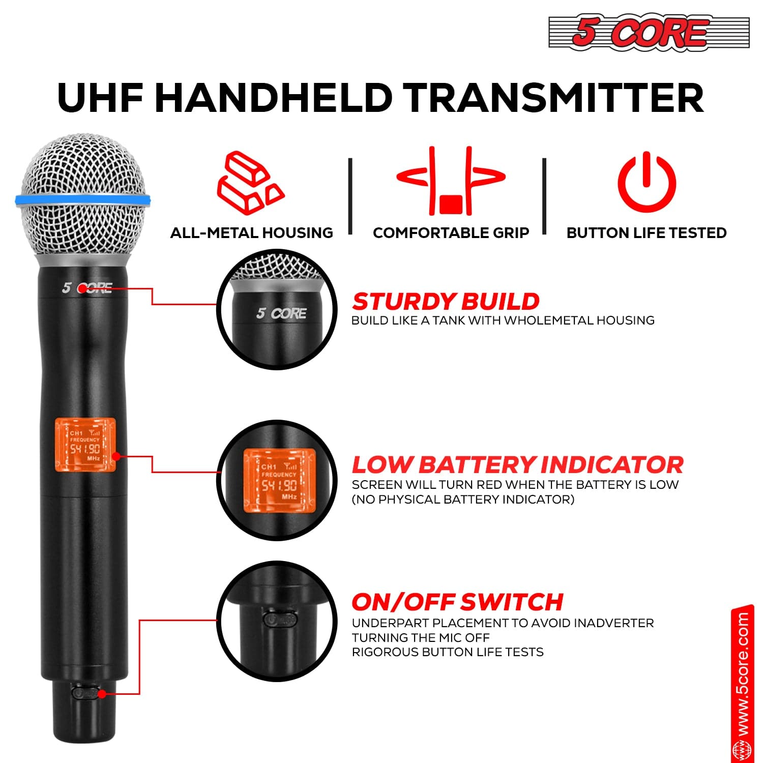 5 CORE UHF HANDHELD TRANSMITTER ALL-METAL HOUSING COMFORTABLE GRIP BUTTON LIFE TESTED
5 CORE STURDY BUILD BUILD LIKE A TANK WITH WHOLEMETAL HOUSING
LOW BATTERY INDICATOR SCREEN WILL TURN RED WHEN THE BATTERY IS LOW (NO PHYSICAL BATTERY INDICATOR)
ON/OFF SWITCH UNDERPART PLACEMENT TO AVOID INADVERTER TURNING THE MIC OFF RIGOROUS BUTTON LIFE TESTS
www.5core.com