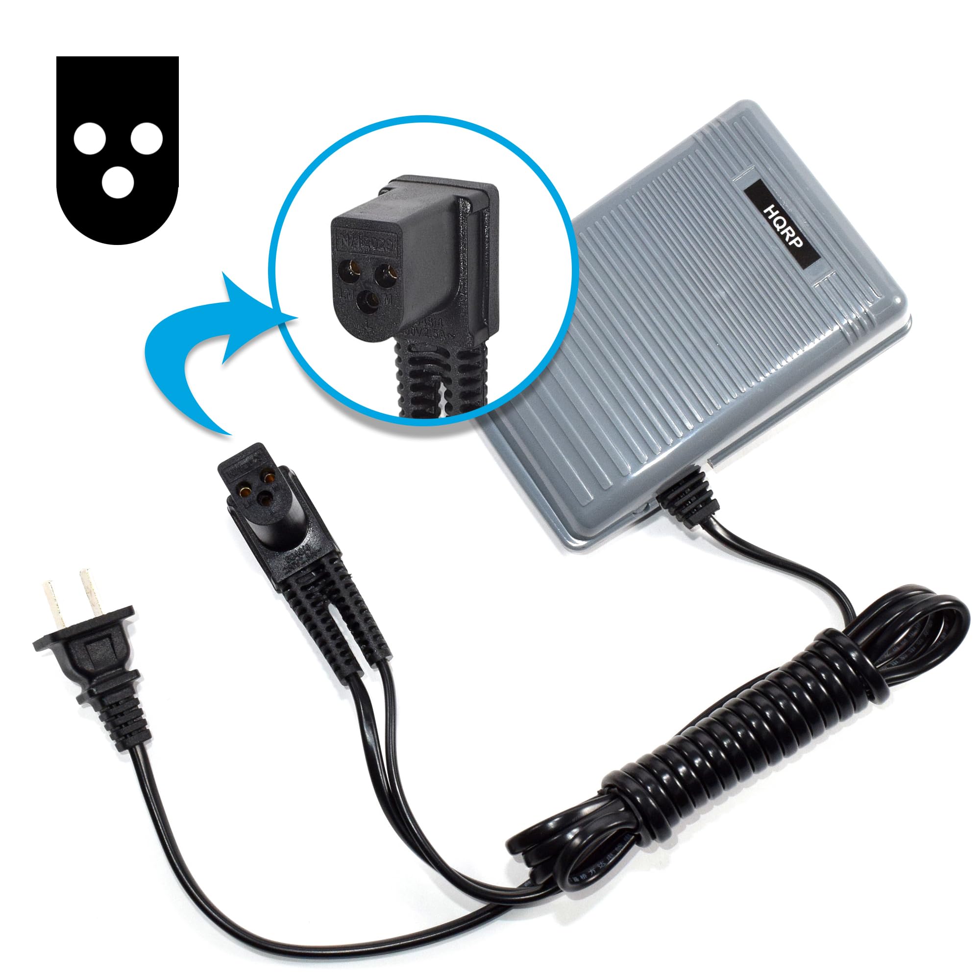 Back. HQRP - Sewing Machine Foot Controller Pedal with Power Cord - Speed Control, 3-Pin Plug for Singer 6211 6212 6214.