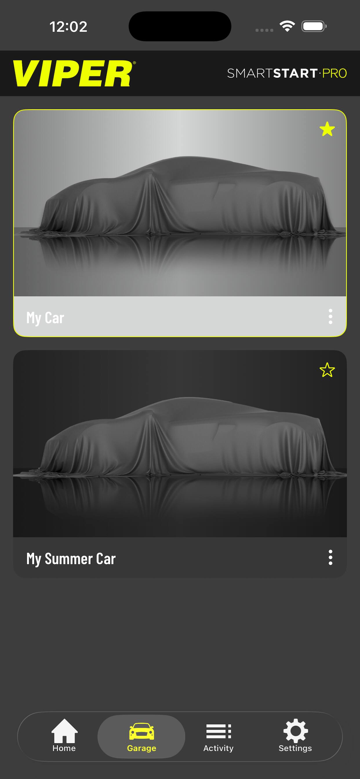 12:02  
VIPER  
SMARTSTART-PRO  

My Car  
My Summer Car  

Home Garage Activity Settings