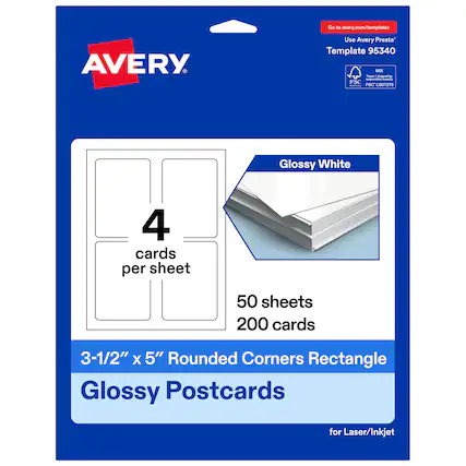 Go to avery.com/templates
Use Avery Presta Template 95340
AVERY
Glossy White
4 cards per sheet
50 sheets 200 cards
3-1/2" x 5" Rounded Corners Rectangle Glossy Postcards for Laser/Inkjet
FSC: FSC C007276