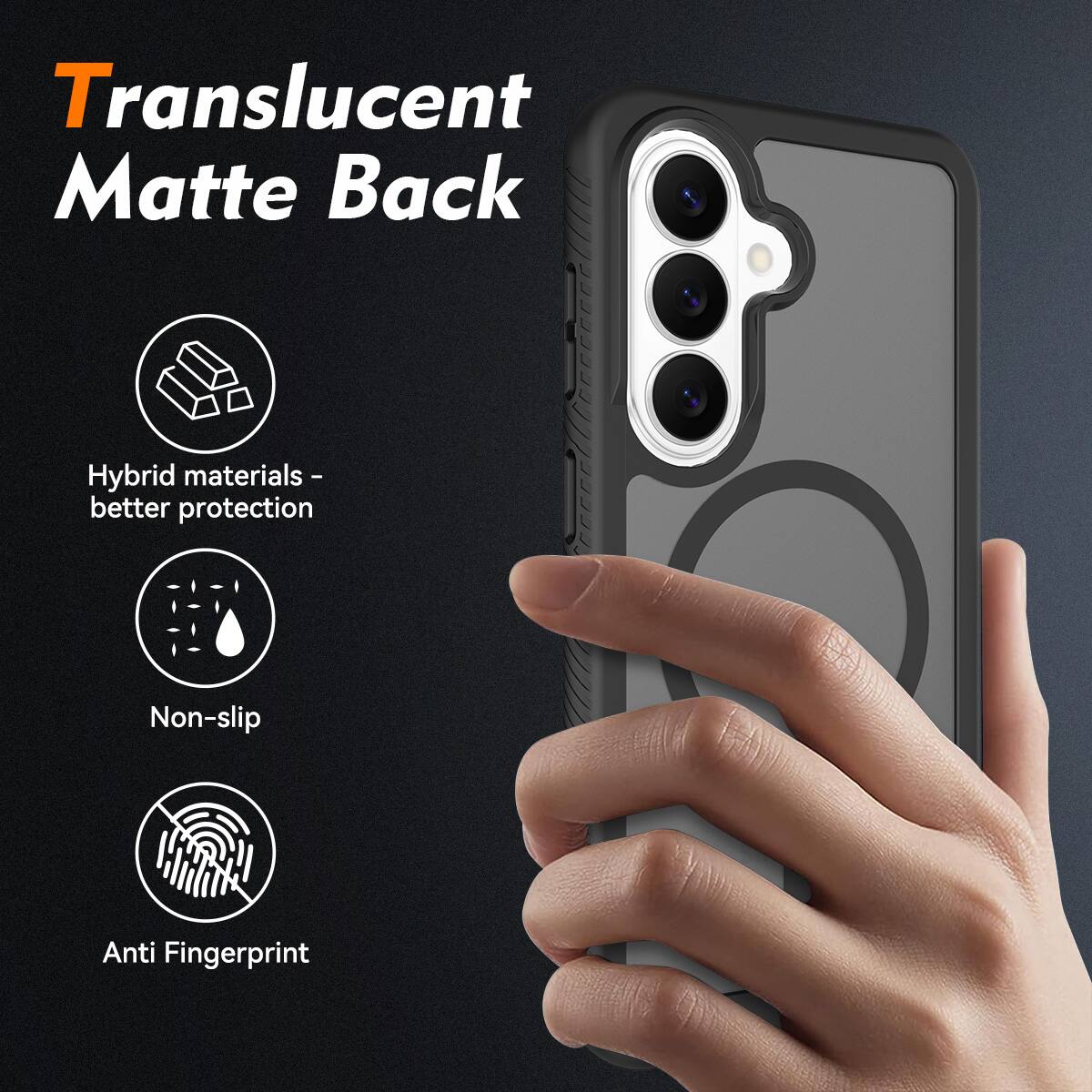 Translucent Matte Back  
Hybrid materials - better protection  
Non-slip  
Anti Fingerprint