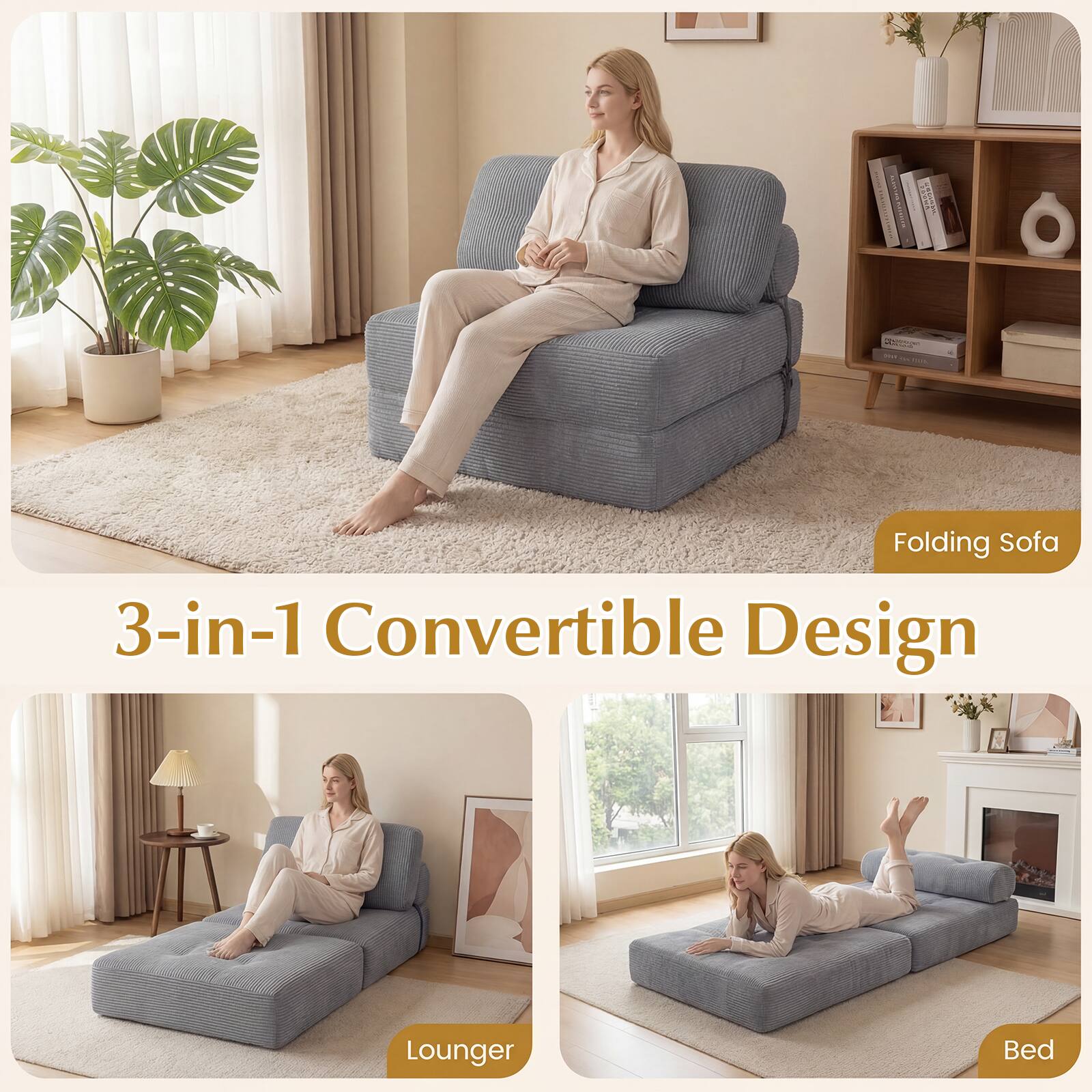 I N - i T Folding Sofa 3-in-1 Convertible Design Lounger Bed

3-in-1 Convertible Design

Folding Sofa

Lounger

Bed