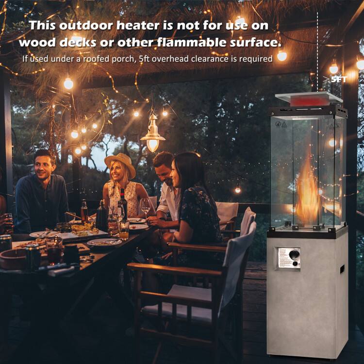 This outdoor heater is not for use on wood decks or other flammable surface. If used under a roofed porch, 5ft overhead clearance is required.