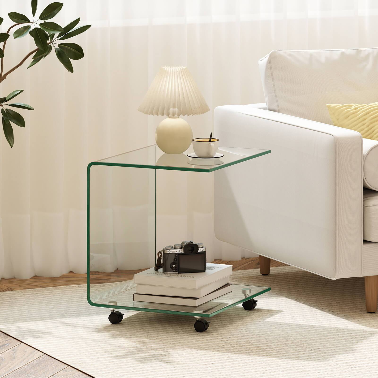 Alt View 2. Costway - Costway 1 PCS C-Shaped End Table with 2-tier shelf, 4 Swivel Lockable Wheels for Living Room - Transparent.