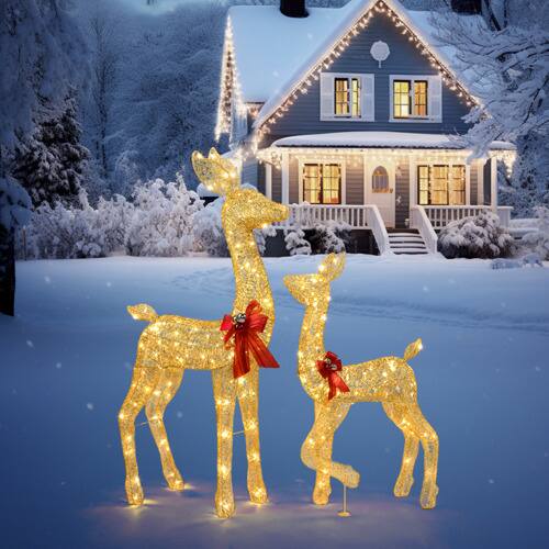 Alt View 6. Winado - 2 PCS Gold Reindeer Family Lighted Deer Set 54in Doe 22in Fawn for Indoor Outdoor Holiday Decoration - Golden.
