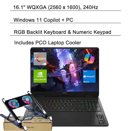 16.1" WQXGA (2560 x 1600), 240Hz
Windows 11 Copilot + PC
RGB Backlit Keyboard & Numeric Keypad
Includes PCO Laptop Cooler
AMD Ryzen
NVIDIA GeForce RTX 5070
Microsoft Windows 11