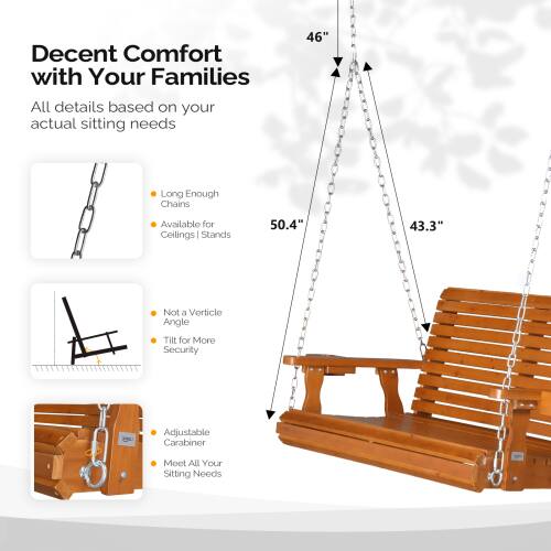 Decent Comfort with Your Families  
46"  
All details based on your actual sitting needs  
Long Enough Chains Available for Ceilings | Stands  
50.4" 43.3"  
Not a Vertical Angle Tilt for More Security  
Adjustable Carabiner  
Meet All Your Sitting Needs