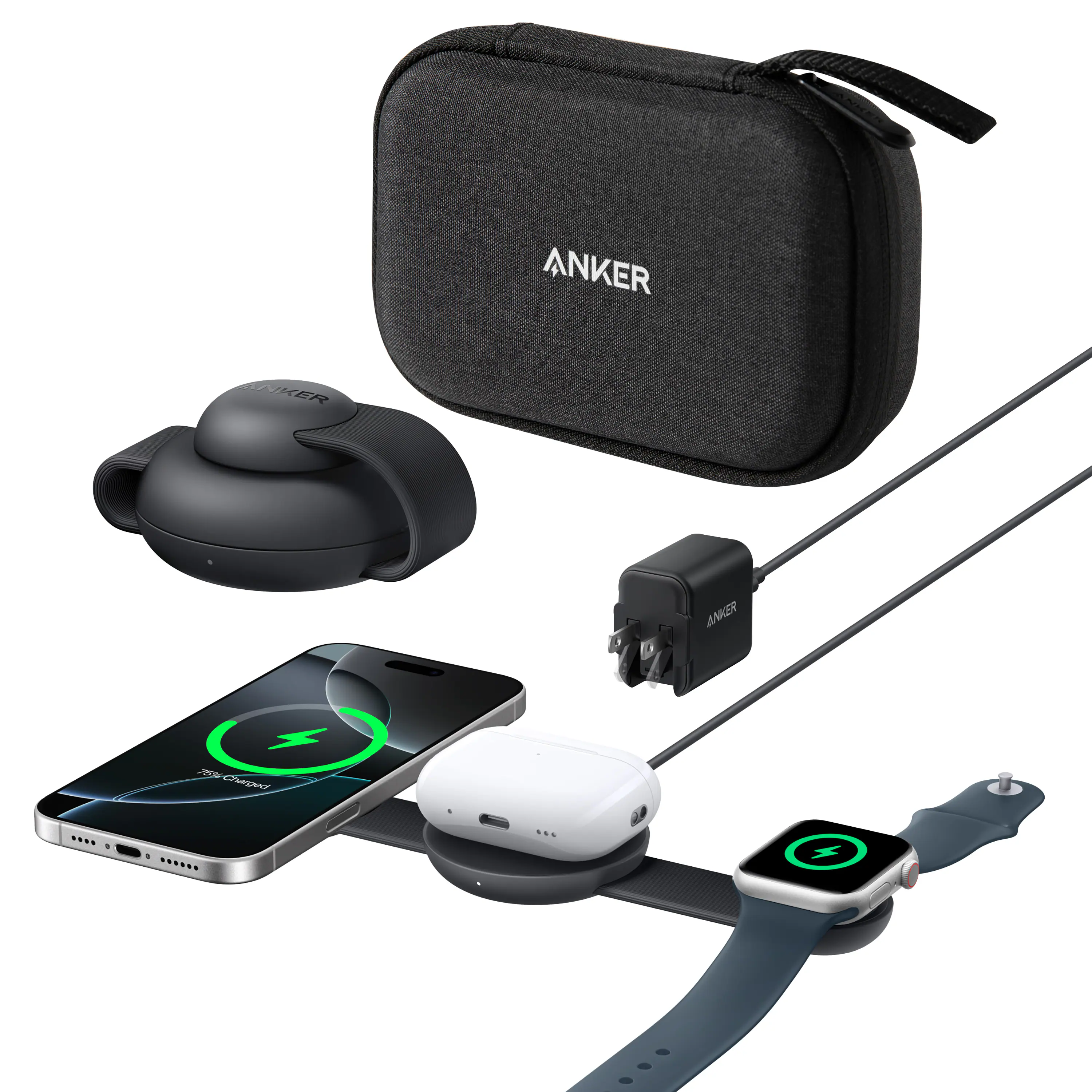 Anker - MagGo Wireless Charging Station (3-in-1, Foldable Pad with Travel Case Included) - Black