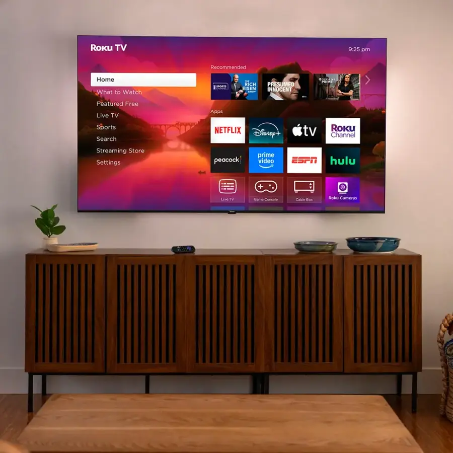 Roku TV 9:25 mE Recommended Home What to Watch - Featured Free Live TV Sports Search Apps Netflix Disney+ Hulu Peacock Prime Video ESPN Roku Channel Streaming Store Settings Game console Camera