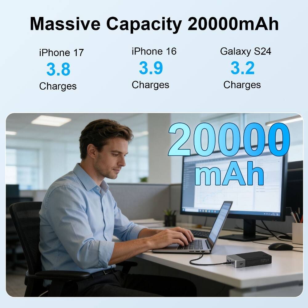 Massive Capacity 20000mAh

iPhone 17
3.8 Charges

iPhone 16
3.9 Charges

Galaxy S24
3.2 Charges

20000 mAh