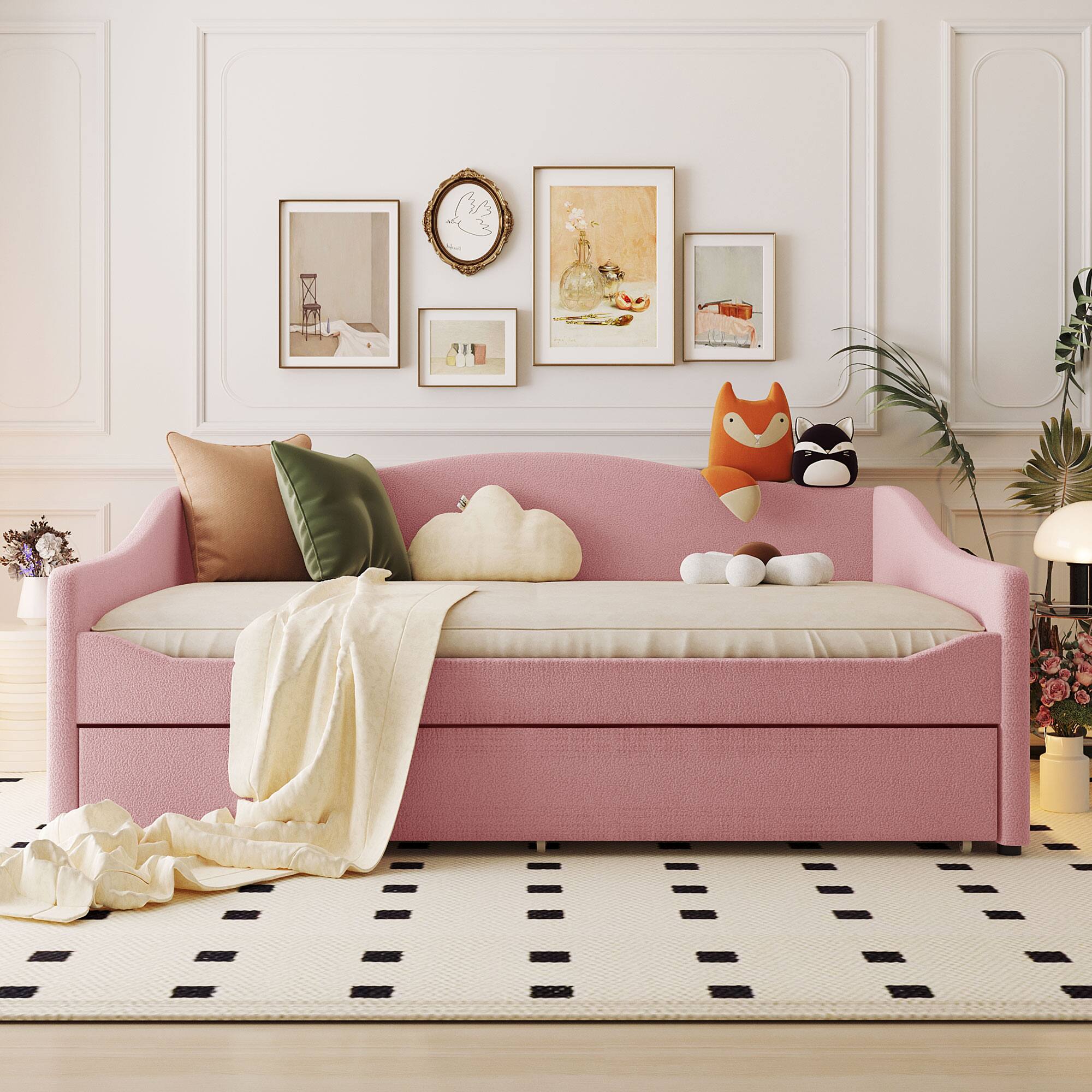 Angle. Tiramisubest - Teddy Fleece Full Size Upholstered Daybed with Light and Trundle, Pink - Pink.