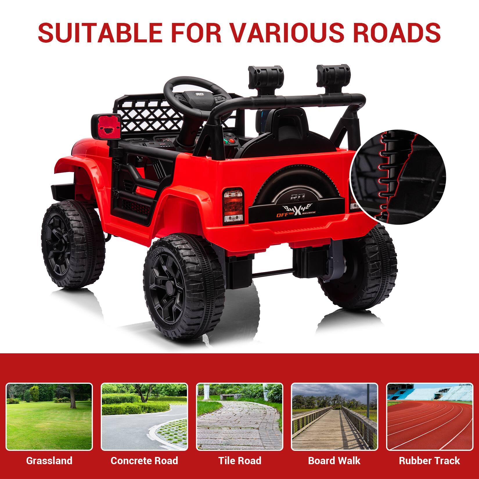 SUITABLE FOR VARIOUS ROADS

- Grassland
- Concrete Road
- Tile Road
- Board Walk
- Rubber Track