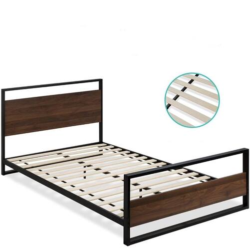 Back. SlickBlue - Modern Farmhouse Queen Low Profile Metal Wood Platform Bed - Brown.