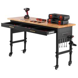 VEVOR - 60-inch Adjustable Workbench, 1500 lbs Load Capacity, Garage Workbench with Drawer, Power Outlet, Wheels, and Pegboard - Burlywood