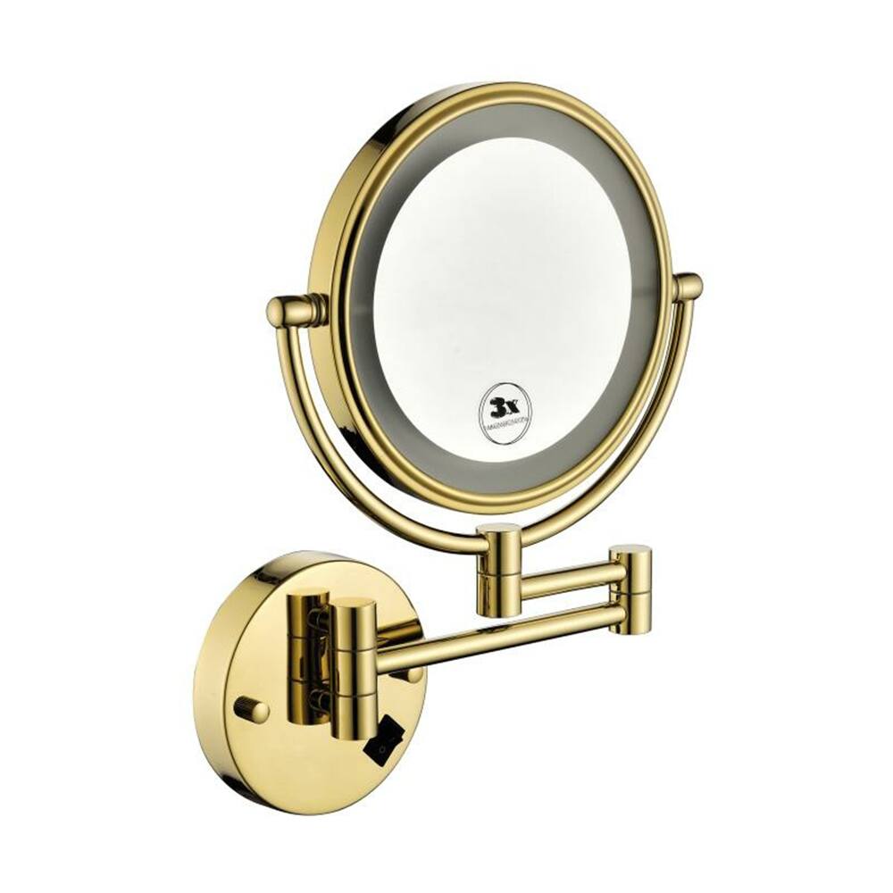 Front. APRILSOUL - 8 Inch LED Wall Mount Two-Sided Magnifying Makeup Vanity Mirror 12 Inch Extension Gold Finish.