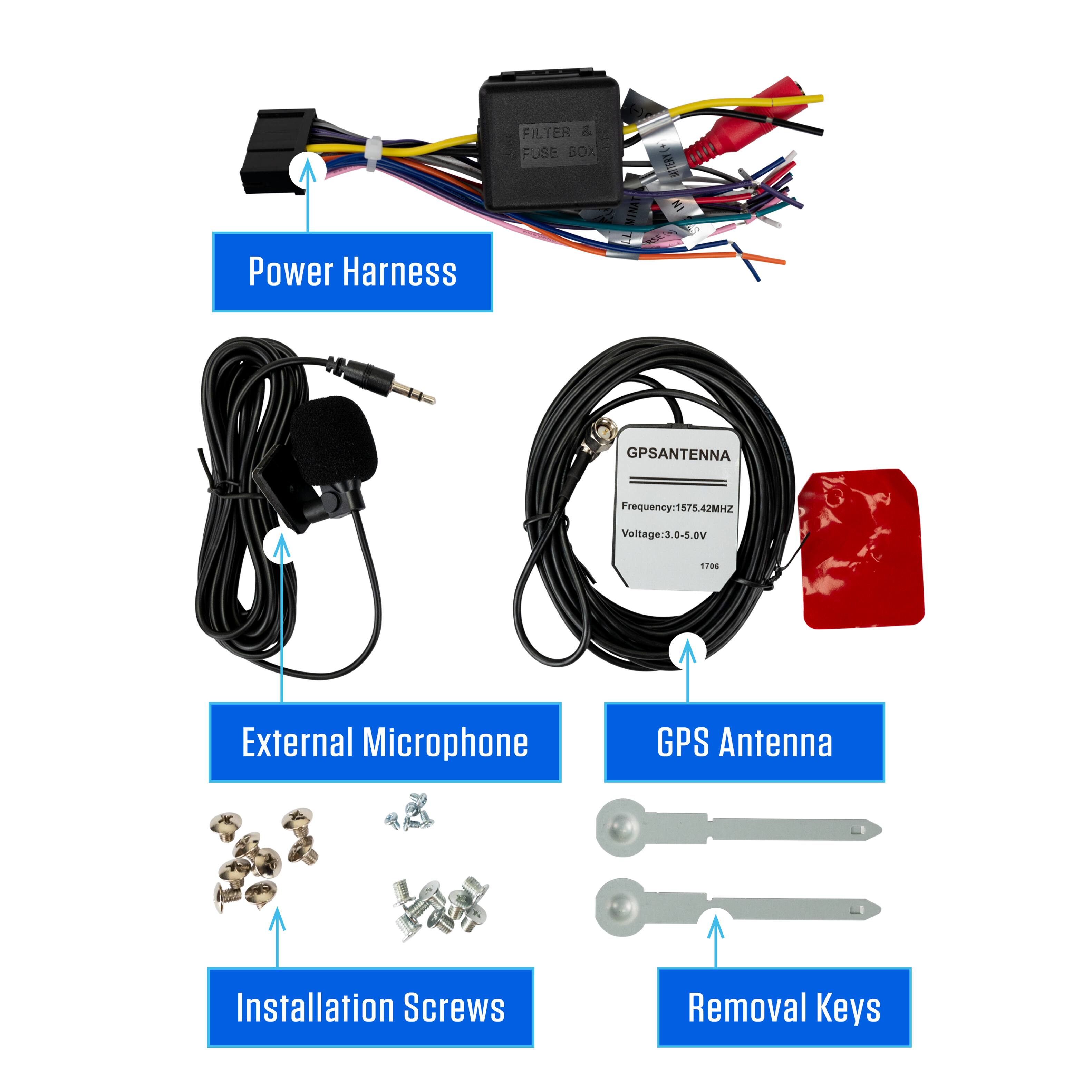 Power Harness FILTER & FUSE SOX X MINAT 7 ALB MI IN GPSANTENNA

Frequency: 1575.42MHz  
Voltage: 3.0-5.0V

External Microphone  
GPS Antenna  
Installation Screws  
Removal Keys