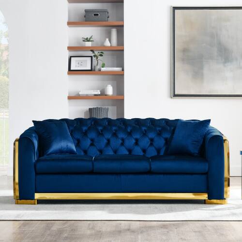 Left. Anysun - 84" 3-Seat Velvet Chesterfield Sofa - Button Tufted, Gold Stainless Steel Trim, Mid-Century Modern with 2 Pillows - Blue.