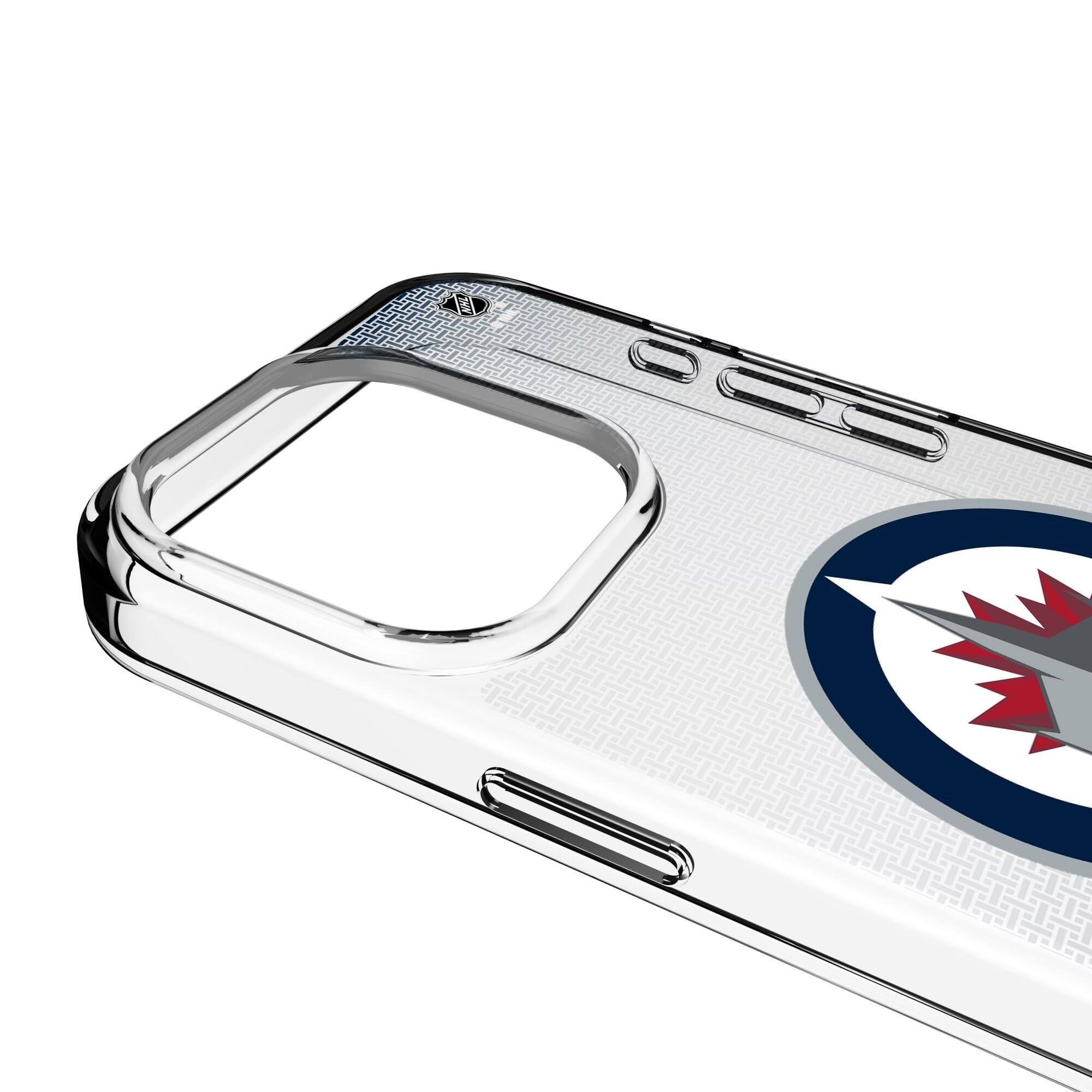 Alt View 2. Keyscaper - Winnipeg Jets Linen Logo iPhone Clear Case - 13 Pro Max - Multicolor.