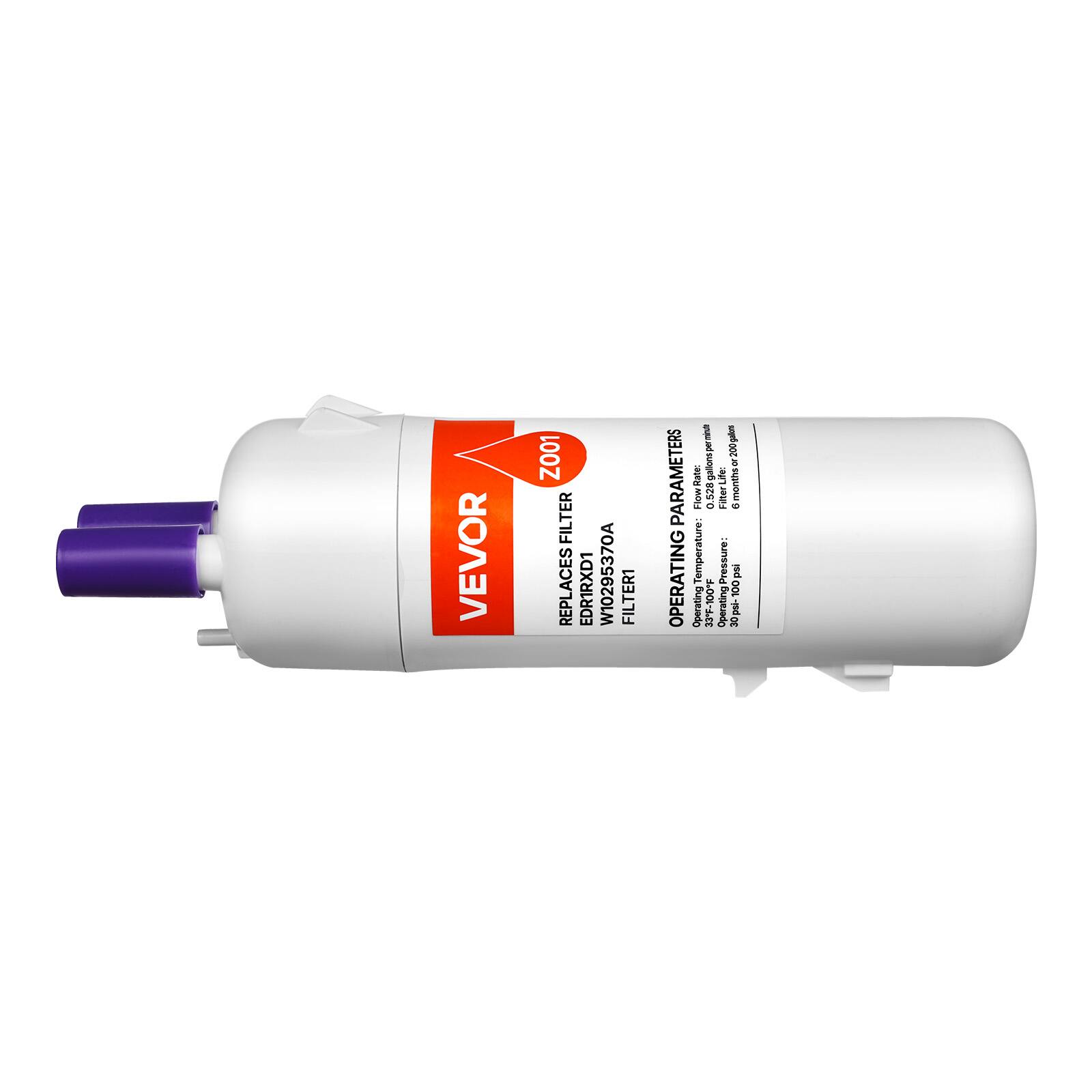 VEVOR ZO01 FILTER  
REPLACES EDR1RXD1 W10295370A FILTER  

PARAMETERS  
Flow Rate: 528 gallons per month  
Life: 6 months  

OPERATING  
Temperature: 33°F - 100°F  
Pressure: 30 psi - 100 psi  

REPLACES: EDR1RXD1 W10295370A FILTER  
FILTER: 0A  

OPERATING PARAMETERS  
Flow Rate: 528 gallons per month  
Life: 6 months  

VEVOR ZO01 FILTER  
REPLACES: EDR1RXD1 W10295370A FILTER  
FILTER: 0A  

OPERATING PARAMETERS  
Flow Rate: 528 gallons per month  
Life: 6 months  

OPERATING  
Temperature: 33°F - 100°F  
Pressure: 30 psi - 100 psi