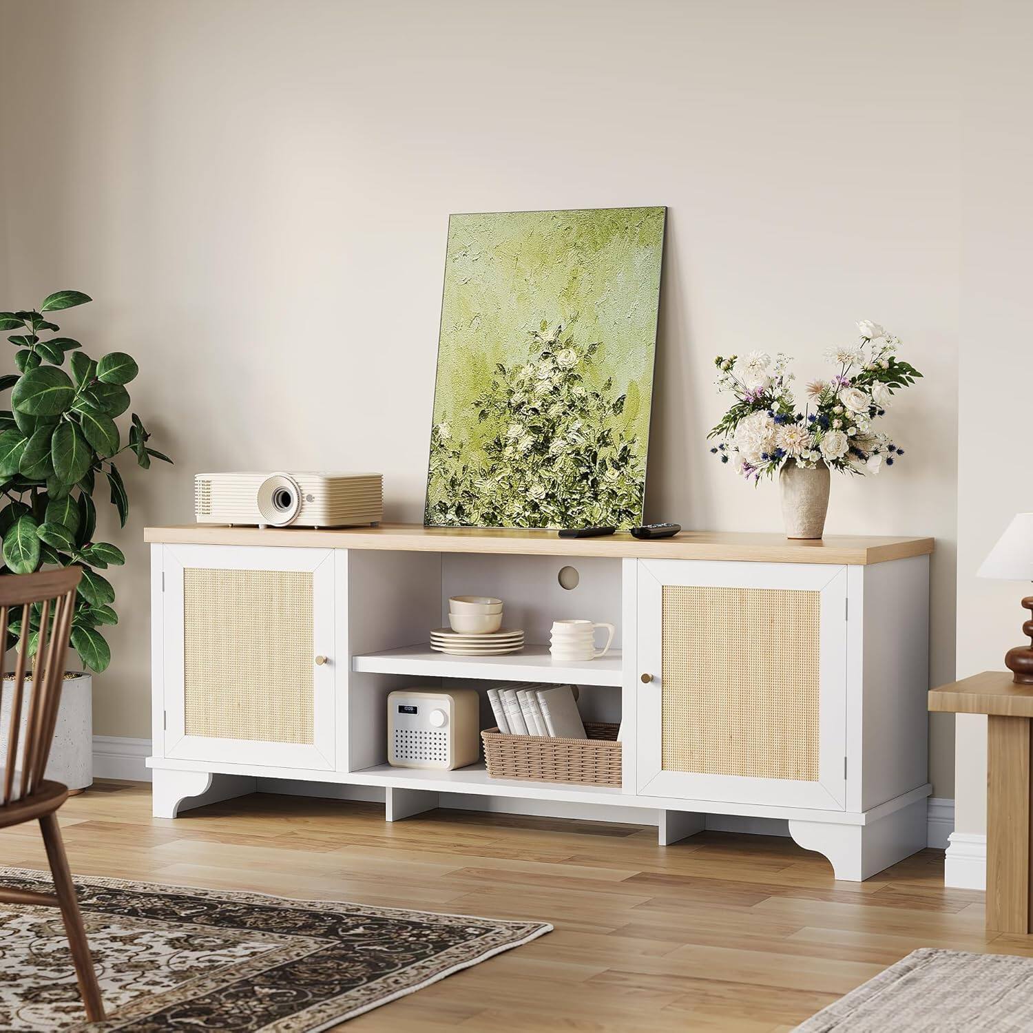Alt View 3. Babevy - Rattan TV Stand for Living Room, Modern Entertainment Center for 65/70 in TV, Boho Media TV Console Table with Storage - White&Natural.