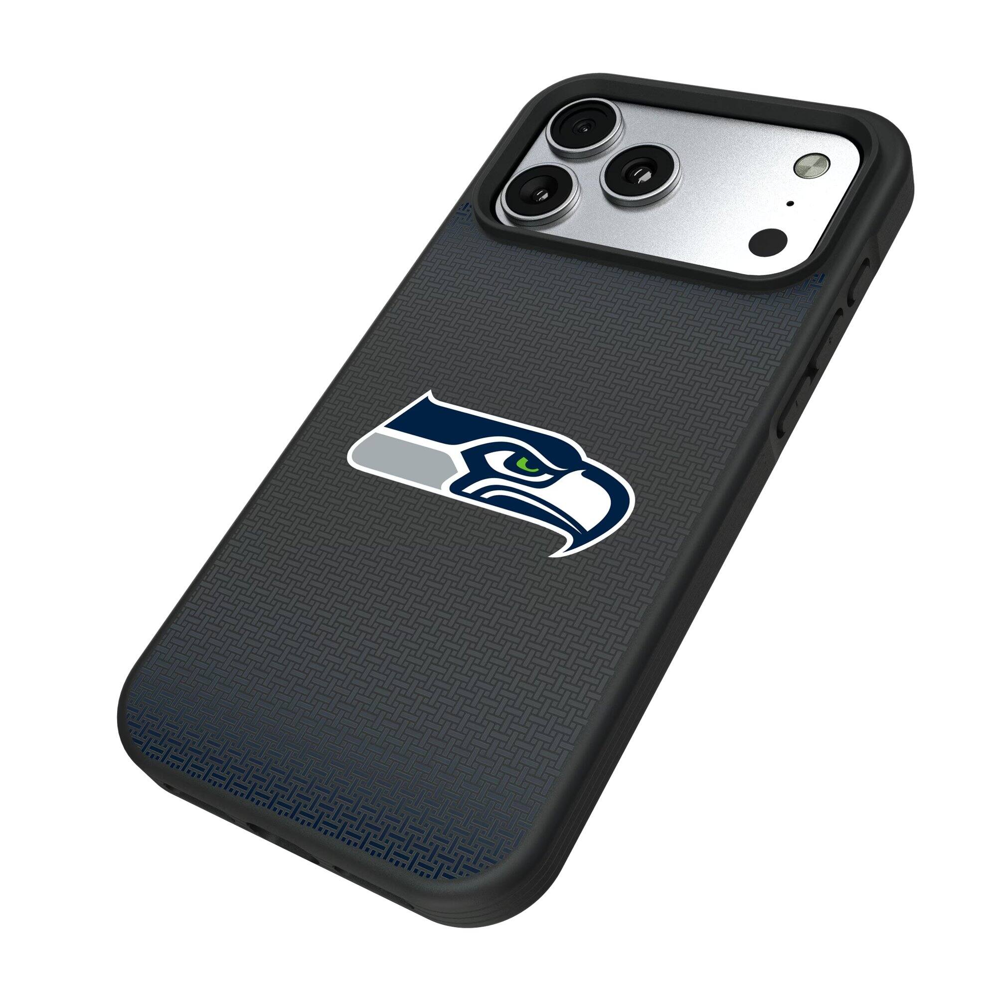Alt View 1. Keyscaper - Seattle Seahawks Linen Logo iPhone Bump Case - 15 Plus - Black.