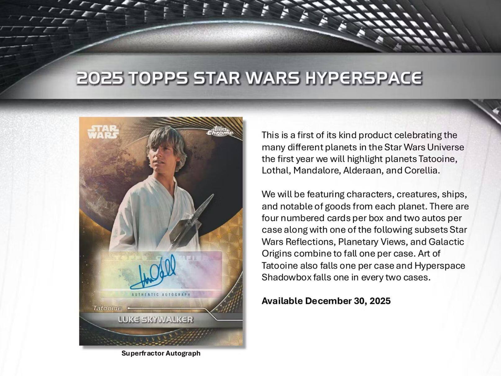 2025 TOPPS STAR WARS HYPERSPACE

This is a first of its kind product celebrating the many different planets in the Star Wars Universe. The first year we will highlight planets Tatooine, Lothal, Mandalore, Alderaan, and Corellia. We will be featuring characters, creatures, ships, and notable goods from each planet. There are four numbered cards per box and two autos per case along with one of the following subsets: Star Wars Reflections, Planetary Views, and Galactic Origins combine to fall one per case. Art of Tatooine also falls one per case and Hyperspace Shadowbox falls one in every two cases. Available December 30, 2025

Superfractor Autograph

AUTHENTIC AUTOGRAPH

Tatooine

LUKE SKYWALKER