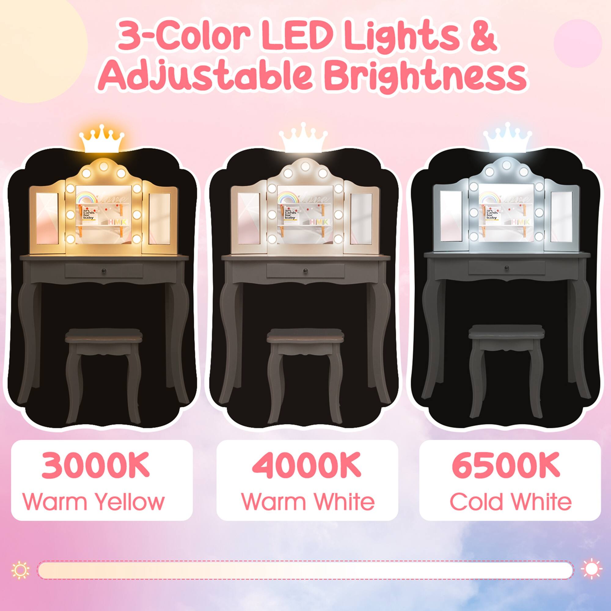 3-Color LED Lights & Adjustable Brightness: 2w, 3000K Warm Yellow, 4000K Warm White, 6500K Cold White.